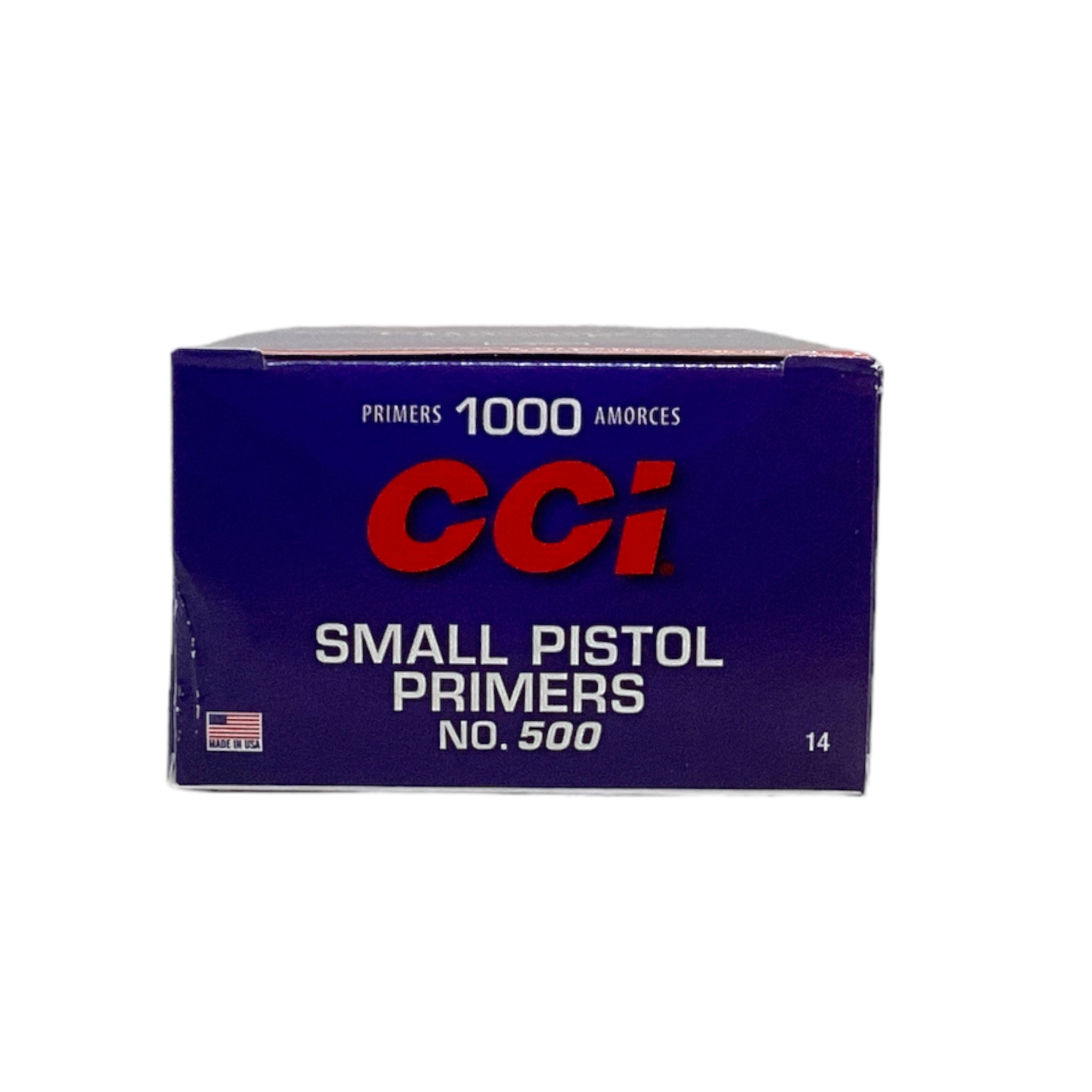 A box of CCI small pistol primers, number 500, containing 1000 primers.