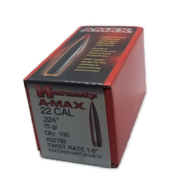 Hornady 22 Cal (.224) 75gr A-Max Projectiles #22792