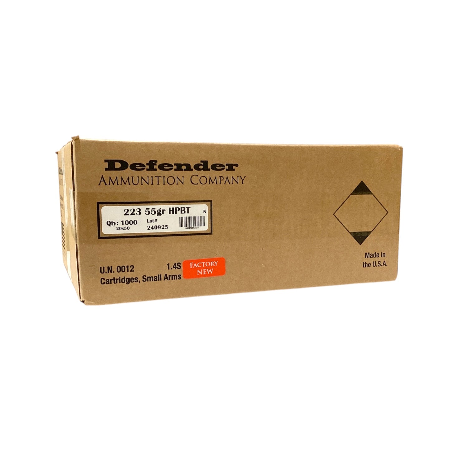 Box of .223 caliber ammunition labeled 'Defender Ammunition Company' with specifications visible on the label.
