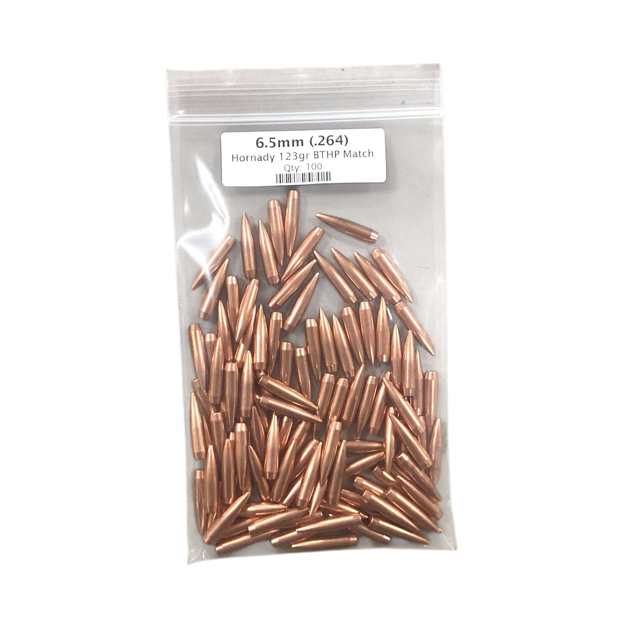 Clear plastic bag filled with copper-colored bullets labeled '6.5mm (.264) Hornady 123gr BTHP Match' on a white background.