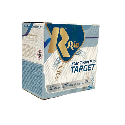 Box of Rio 12 gauge sporting clays with the text '12', '250 Cartuchos de Disparo' indicating 250 cartridges for clay pigeon shooting.