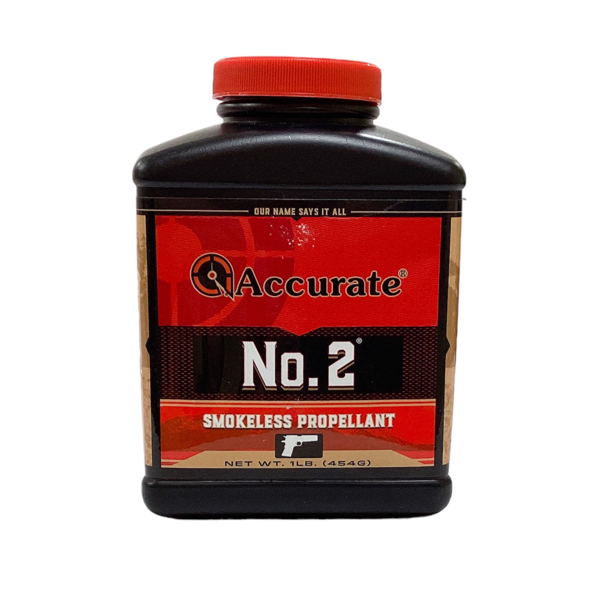 A plastic bottle of Accurate No. 2 smokeless propellant for firearms, with a red label and black body.