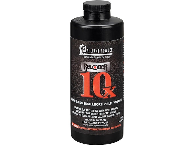 A plastic bottle of Alliant Reloder 10x rifle powder.
