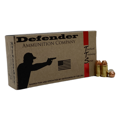 A box of Defender Ammunition Company's 380 ACP ammunition with several rounds displayed in front of it. The box has a graphic of a person shooting a firearm and the American flag.